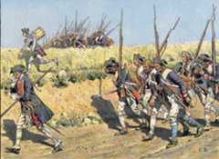 Prussian infantry advancing to meet the Russian Army before the Battle of Zorndorf 25th August 1758 in the Seven Years War: picture by Carl Röhling