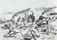 1st Royal Dublin Fusiliers and 1st Inniskilling Fusiliers attempting to cross the Tugela River at the Battle of Colenso on 15th December 1899