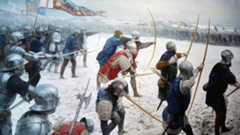 Fauconberg's Archers loosing on the Lancastrian line at the Battle of Towton fought on 29th March 1461 in the Wars of the Roses: picture by Graham Turner