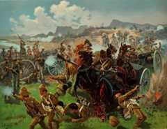 Boers capturing the British guns at the Battle of Colenso on 15th December 1899: in fact the guns were taken after the British abandoned them: picture by Fritz Neumann