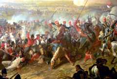 British 10th Hussars attacking the French infantry at the Battle of Waterloo on 18th June 1815: picture by Denis Dighton