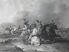 Colonel Maxwell's last charge on the Mahratta Cavalry at the Battle of Assaye on 23rd September 1803 during the Second Mahratta War in India: print by Cooper