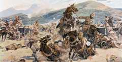 Guns of 14th and 66th Batteries Royal Field Artillery come under fire at the Battle of Colenso on 15th December 1899 in the Boer War: picture by Gerlach