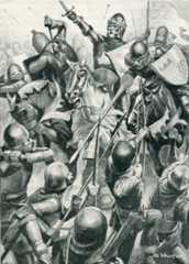 Blind King John of Bohemia at the Battle of Creçy on 26th August 1346 in the Hundred Years War: print by DE Walton