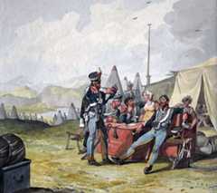 British 10th Hussars in camp: Battle of Morales de Toro on 2nd June 1813 during the Peninsular War: picture by Denis Dighton