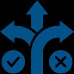 A blue icon of 3 arrows; the left points to a checkmark, the middle points straight on, and the right points to an x.