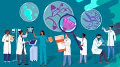 A graphic illustration of doctors and laboratory professionals with medical and laboratory equipment and treatments surrounded by magnified illustrations of fungal pathogens.