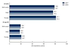 Figure 1 is a bar graph showing the life expectancy at birth and at age 65 by sex in the United States in 2017 and 2018.
