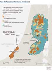 A map of the Palestinian territories showing their division into areas A, B, and C based on Palestinian or Israeli control