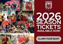 Chattanooga Red Wolves 2026 Season Ticket graphic. Left side includes a collage of different photos of Red Wolves Fans celebrating. Right side of the graphic, centered Red Wolves logo, text that reads "2026 season tickets available now!" and a button that says "claim your seat!." Entire graphic links out to the Red Wolves Ticketing site.