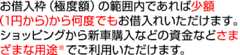 お借入枠（極度額）の範囲内であれば少額（1円から）から何度でもお借入れいただけます。ショッピングから新車購入などの資金などさまざまな用途※でご利用いただけます。