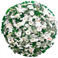 Coroa de flores brancas com flores do campo e flores nobres, com faixa de homenagem grátis ao centro em diversos tamanhos.