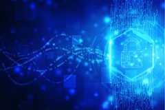 Padlock in hexagon drawn with circuit lines, with binary code streaming out in several lines to one side.