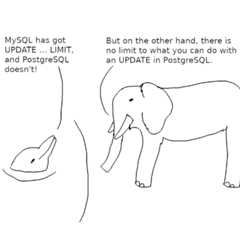 Dolphin to elephant: "MySQL has got UPDATE ... LIMIT, and PostgreSQL doesn't." - Elephant to dolphin: "But on the other hand, there is no limit to what you can do with an UPDATE in PostgreSQL."