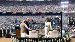 US President Donald Trump, Prime Minister Narendra Modi and Melania Trump at Motera stadium in Ahmedabad on Monday. US President Donald Trump, Prime Minister Narendra Modi and Melania Trump at Motera stadium in Ahmedabad on Monday.