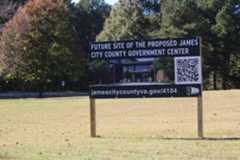 A sign near the James City County Recreation Center, marking where the site of the proposed government center would be. (Kim O'Brien Root/The Virginia Gazette)