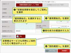 1：「初期投資額を設定してご契約」を選択 2：「運用開始日」を選択 3：買付余力の範囲内で入力 4：「契約確認へ」を選択