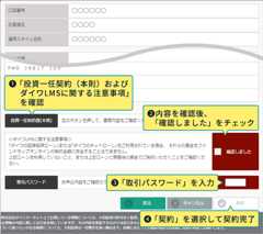 1：「投資一任契約（本則）およびダイワLMSに関する注意事項」を確認 2：内容を確認後、「確認しました」をチェック 3：「取引パスワード」を入力 4：「契約」を選択して契約完了