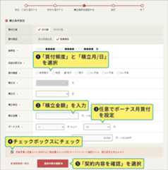 1：「買付頻度」と「積立月/日」を選択 2：「積立金額」を入力 3：任意でボーナス月買付を設定 4：チェックボックスにチェック 5：「契約内容を確認」を選択