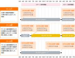 ケース1、お預かり資産評価額の水準が変わらなかった場合：3月末お預かり資産1,000万円以上3,000万円未満（プレミア シルバー）→3月末お預かり資産1,000万円以上3,000万円未満（プレミア シルバー）。ケース2、サービス適応期間中に月末営業日のお預かり資産評価額が上位ステージの基準に増加した場合：3月末お預かり資産1,000万円以上3,000万円未満（プレミア シルバー）→6月末お預かり資産3,000万円以上5,000万円未満（プレミア ゴールド）→3月末お預かり資産1,000万円以上3,000万円未満（プレミア シルバー）。ケース3、サービス適応期間中に月末営業日のお預かり資産評価額が当初判定ステージの基準未満に減少した場合：3月末お預かり資産1,000万円以上3,000万円未満（プレミア シルバー）→11月末お預かり資産1,000万円未満（プレミア シルバー）→3月末お預かり資産1,000万円以上3,000万円未満（プレミア シルバー）。