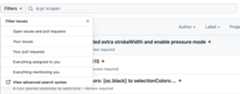 filter search tab showing is:pr is:open and the filter issues drop-down