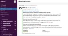 screenshot of mentions & reactions in a GitHub Slack integration reporting a new issue created by [user]