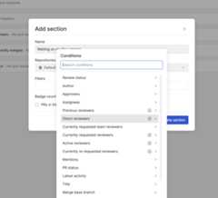 Conditions drop-down in the same add section box showing "Direct reviewers" selected