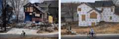 LEFT: A man on a bike rides by a burned home in the Coal Creek Ranch subdivision in the aftermath of the Marshall Fire on Dec. 31, 2021, in Louisville. RIGHT: A year after the Marshall Fire, the home is still under reconstruction as another cyclist rides past in the Coal Creek subdivision on December 28, 2022, in Louisville, Colorado. (Photos by Helen H. Richardson/The Denver Post)
