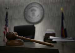 Judge Mark Gonzales’s gavel lies in his courtroom before the morning docket begins at Greeley Municipal Court in Greeley, Colorado.on Sept. 18, 2024.. (Photo by RJ Sangosti/The Denver Post)