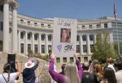 People gather to honor 34-year-old hairstylist Jax Gratton, whose body was recently found in an alley in Lakewood. People gathered at the front steps of the Denver City and County Building to hear statements from Gratton’s family on June 9, 2025. (Photo by RJ Sangosti/The Denver Post)