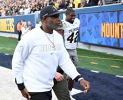 DCC-Z-CUvsWVU8110825 Head coach Deion Sanders of the Colorado Buffaloes walks off the field after a 29-22 defeat against the West Virginia Mountaineers at Milan Puskar Stadium on Nov. 08, 2025 in Morgantown, West Virginia. (Photo by Greg Fiume/Getty Images)