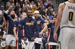 Tim Hardaway Jr. (10) of the Denver Nuggets flexes in the direction of Christian Braun (0) after he drew a foul in the act of shooting during the second quarter against the Miami Heat at Ball Arena in Denver on Wednesday, Nov. 5, 2025. (Photo by AAron Ontiveroz/The Denver Post)