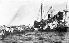 AP98010106363 Lifeboats rescue surviving crewmen of the wrecked USS Maine after an underground explosion destroyed the battleship on the night of Feb. 15 as it was anchored in the Havana harbor, Cuba, in 1898. About 260 U.S. Naval personnel were killed in the explosion. The sinking of the U.S. warship was a catalyst for the outbreak of the Spanish-American War and the U.S. officially waged war on April 25. (AP Photo)
