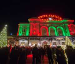 Denver Union Station coloured Red & Green for Christmas
