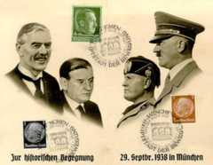 Postkarte zum "Münchner Abkommen" mit den Abbildungen von Arthur Neville Chamberlain, Edouard Daladier, Benito Mussolini und Adolf Hitler, 1938