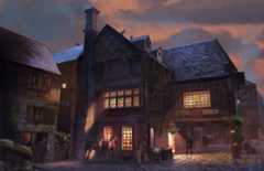 A cozy tavern under a darkening sky.