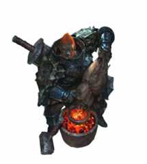 A fire giant in armor sites by a pit of flaming embers.