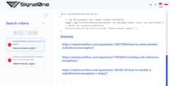 Screenshot of Signal0ne page showing search criteria and related source links.
