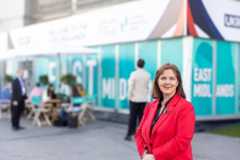 Mayor Claire outside the East Midlands Pavilion at UKREiiF 2025