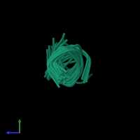 PDB entry 1qyt coloured by chain, ensemble of 21 models, side view.
