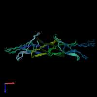 PDB entry 7y8q coloured by chain, ensemble of 10 models, top view.