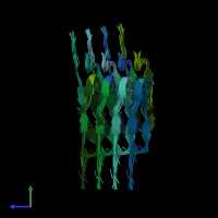 PDB entry 8ezd coloured by chain, ensemble of 9 models, side view.