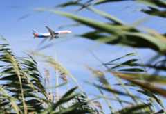 Un avió vola sobre l'aeroport del Prat a la zona de la Ricarda