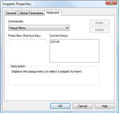 Snippets Properties Keyboard tab