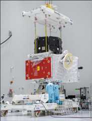 Figure 129: MMO and MPO mini-stack: ESA's MPO (bottom) and JAXA's MMO (top) are being arranged in their launch configuration at Europe’s Spaceport in Kourou (image credit: ESA/CNES/Arianespace/Optique video du CSG – J. Odang)