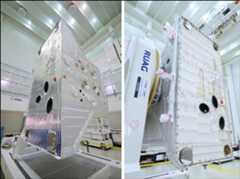 Figure 121: Radiator seen from different angles: BepiColombo's radiator is used to radiate unwanted heat from the spacecraft. To avoid the radiator getting overwhelmed by heat from the planet Mercury below it it is shielded with specially shaped titanium fins. These work like everyday Venetian blinds to screen out the Sun, which can look closed when viewed from one angle and open from another. These fins are carefully angled so that spacecraft heat passes straight through them, while high-emissivity, lower-wavelength planetary heat gets reflected away. The left view shows the equivalent mirror-like view from Mercury, and the right view shows the opened-up view from deep space (image credit: ESA)