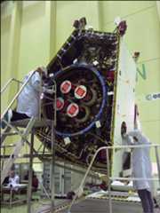 Figure 149: The base of the MTM (Mercury Transfer Module) with its four T6 ion thrusters is fully fitted for its 6.5 year journey to Mercury, along with the rest of the BepiColombo spacecraft (image credit: ESA)