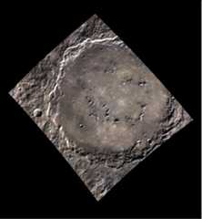 Figure 44: Joana and her colleagues used spacecraft observations from five craters with magnetic irregularities. One of the craters, named Rustaveli and found in the northern hemisphere, is pictured here. The craters were suspected to have formed during a time with a different core magnetic field orientation than that of today. The researchers modeled Mercury's ancient magnetic field based on the crater data to estimate the potential locations for the poles in the past (image credit: NASA/Johns Hopkins University Applied Physics Laboratory/Carnegie Institution of Washington)