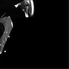 Figure 35: The image was taken at 07:25 UTC within 600,000 km of Venus. The image was taken by the Mercury Transfer Module's Monitoring Camera 3. The cameras provide black-and-white snapshots in 1024 x 1024 pixel resolution. Venus appears towards the left, close to the spacecraft structure. The high-gain antenna of the Mercury Planetary Orbiter is also visible a the top of the view (image credit: ESA/BepiColombo/MTM, CC BY-SA 3.0 IGO)