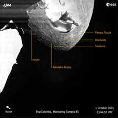 Figure 26: The joint European-Japanese BepiColombo mission captured this view of Mercury on 1 October 2021 as the spacecraft flew past the planet for a gravity assist maneuver. This image was taken at 23:44:57 UTC by the Mercury Transfer Module's Monitoring Camera 3, when the spacecraft was 2687 km from Mercury. Closest approach of 199 km took place shortly before, at 23:34:41 UTC. - Visible in the image is a portion of the southern hemisphere of Mercury. Extensive lava plains cover the surface. The largest clearly visible crater, albeit partly obscured by part of the spacecraft, is the 251 km diameter Haydn crater, named after the Austrian composer (1732-1809). The smoothness of its floor indicates that it has been partly flooded by lavas. Where the sunrise is hitting the surface close to the night side of the planet, the topography of the terrain is enhanced. One example where this is apparent is a feature called Astrolabe Rupes, below right of Haydn crater. This sunlit ‘lobate scarp' is one of many thrust faults resulting from Mercury's slow global contraction caused by interior cooling (image credit: ESA/BepiColombo/MTM, CC BY-SA 3.0 IGO)